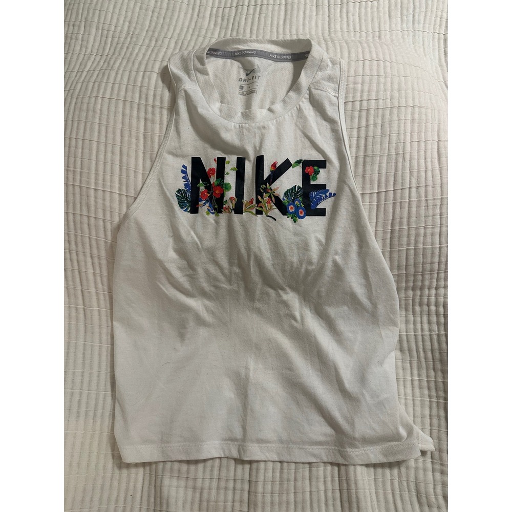 Nike Running Dri-FIT Floral Logo Racerback Tank Top White Womens Medium